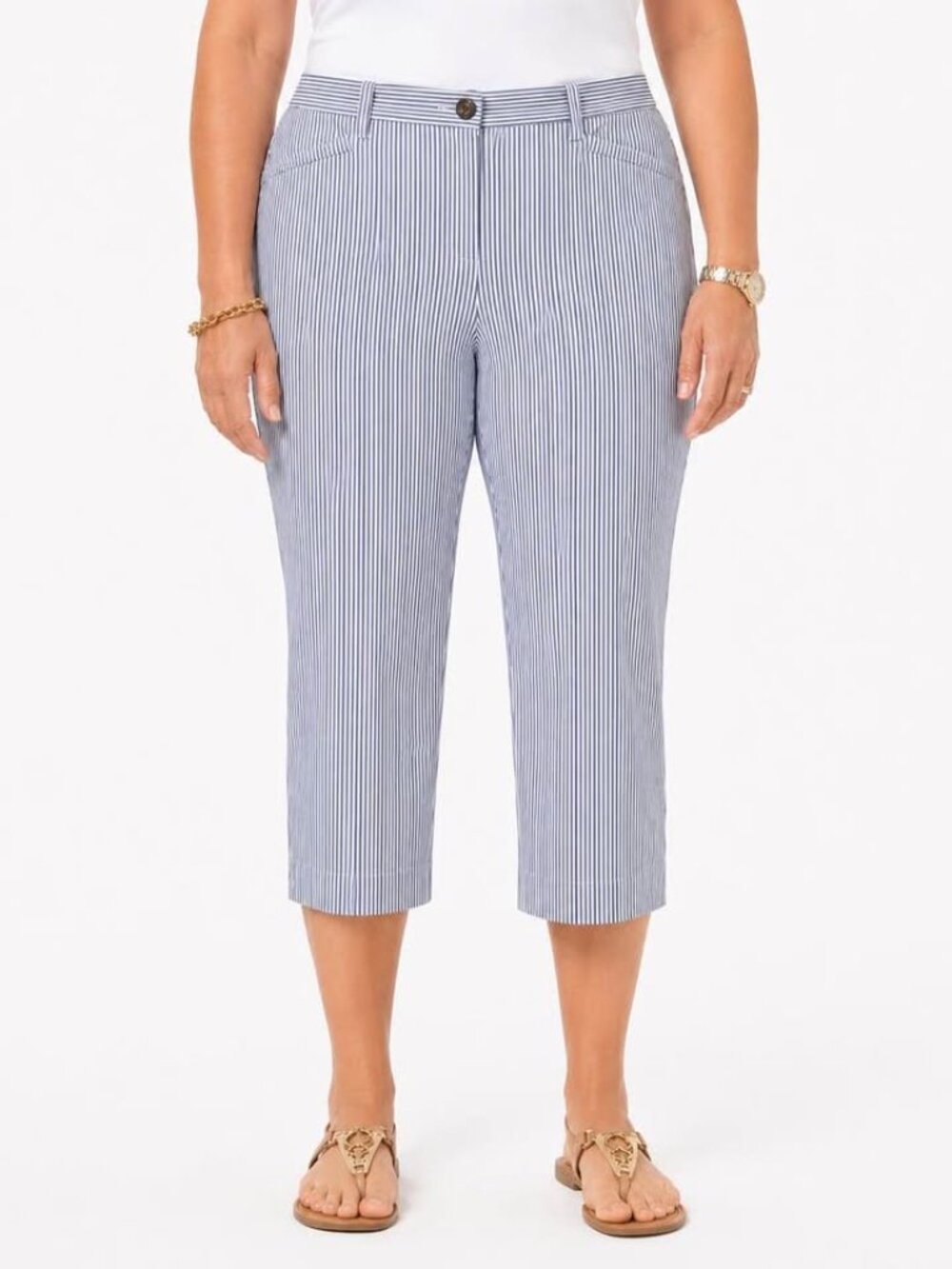 Lands' End Cape Cod Coastal Blue Pinstripe Casual Summer Capri Pant [size 14]